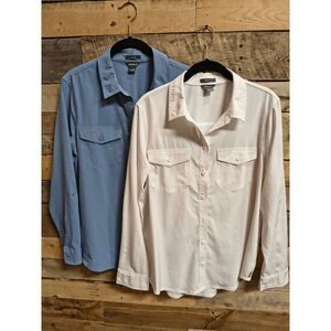 Lot of 2 Eddie Bauer Women's Sz M Classic Fit Long Sleeve Roll Tab Shirts